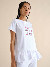 T-shirt bianca con stampa e balza