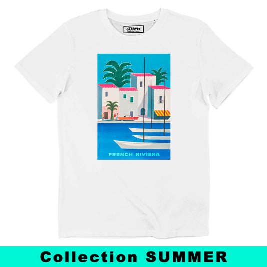 T-shirt French Riviera vintage artistica in cotone biologico