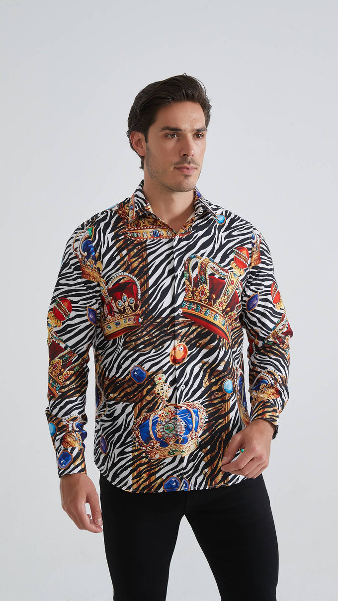 Camicia comfort a fantasia animalier con corone