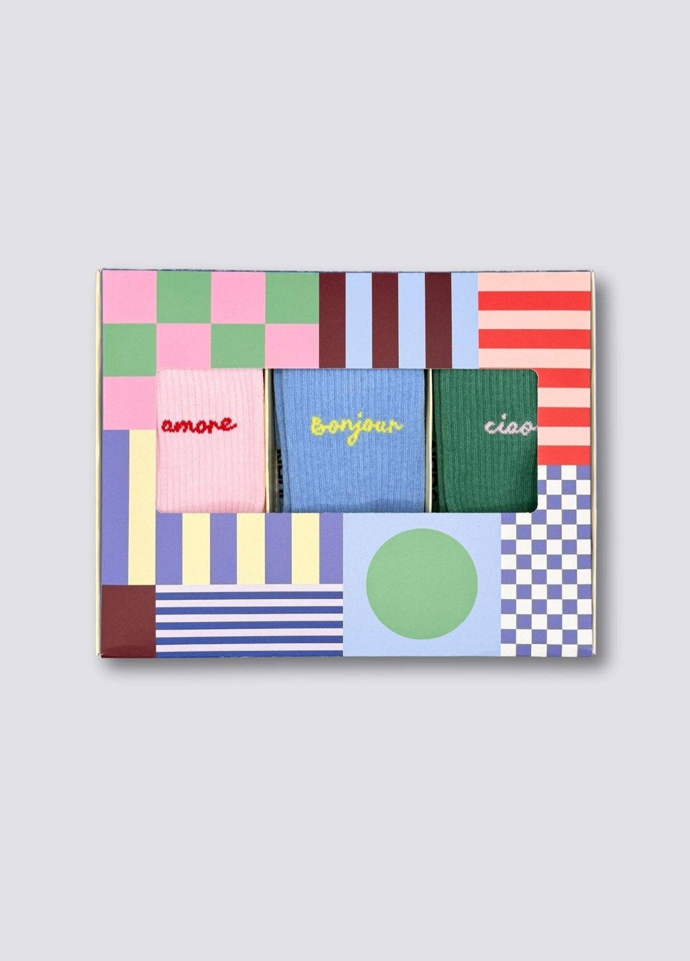 Set da 3 calze colorate con scritte Amore Bonjour Ciao