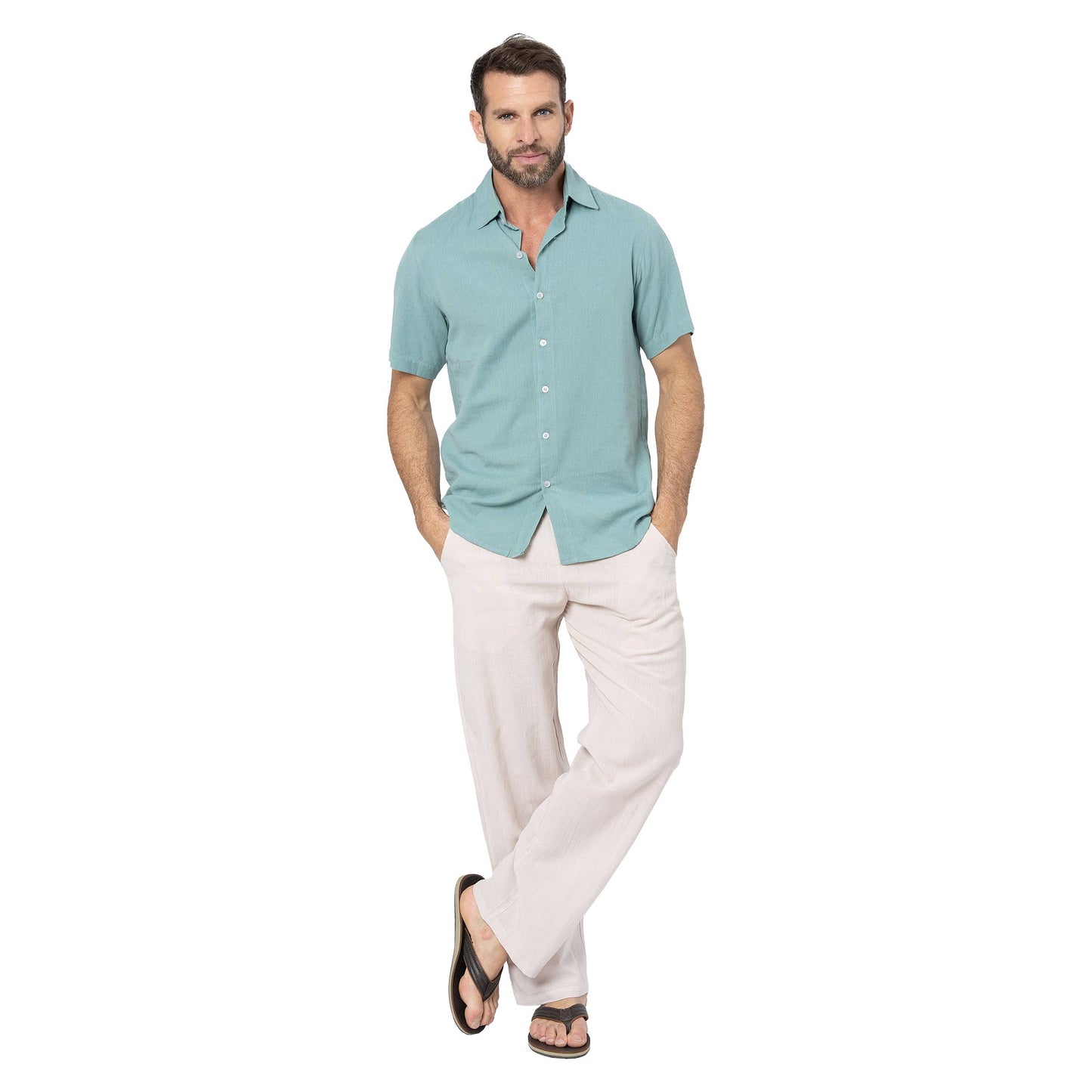 Camicia estiva uomo in lino e cotone turchese a maniche corte