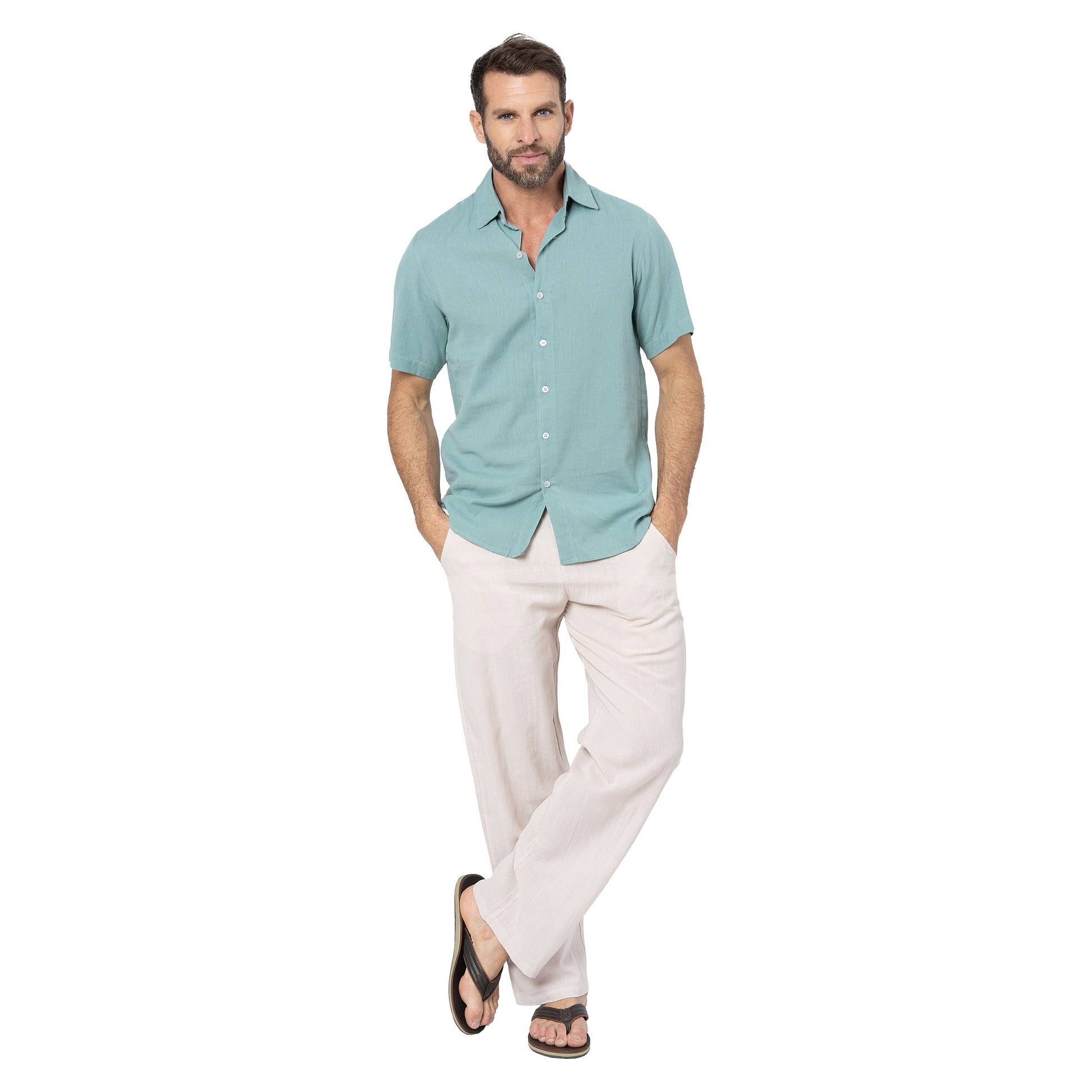 Camicia estiva uomo in lino e cotone turchese a maniche corte