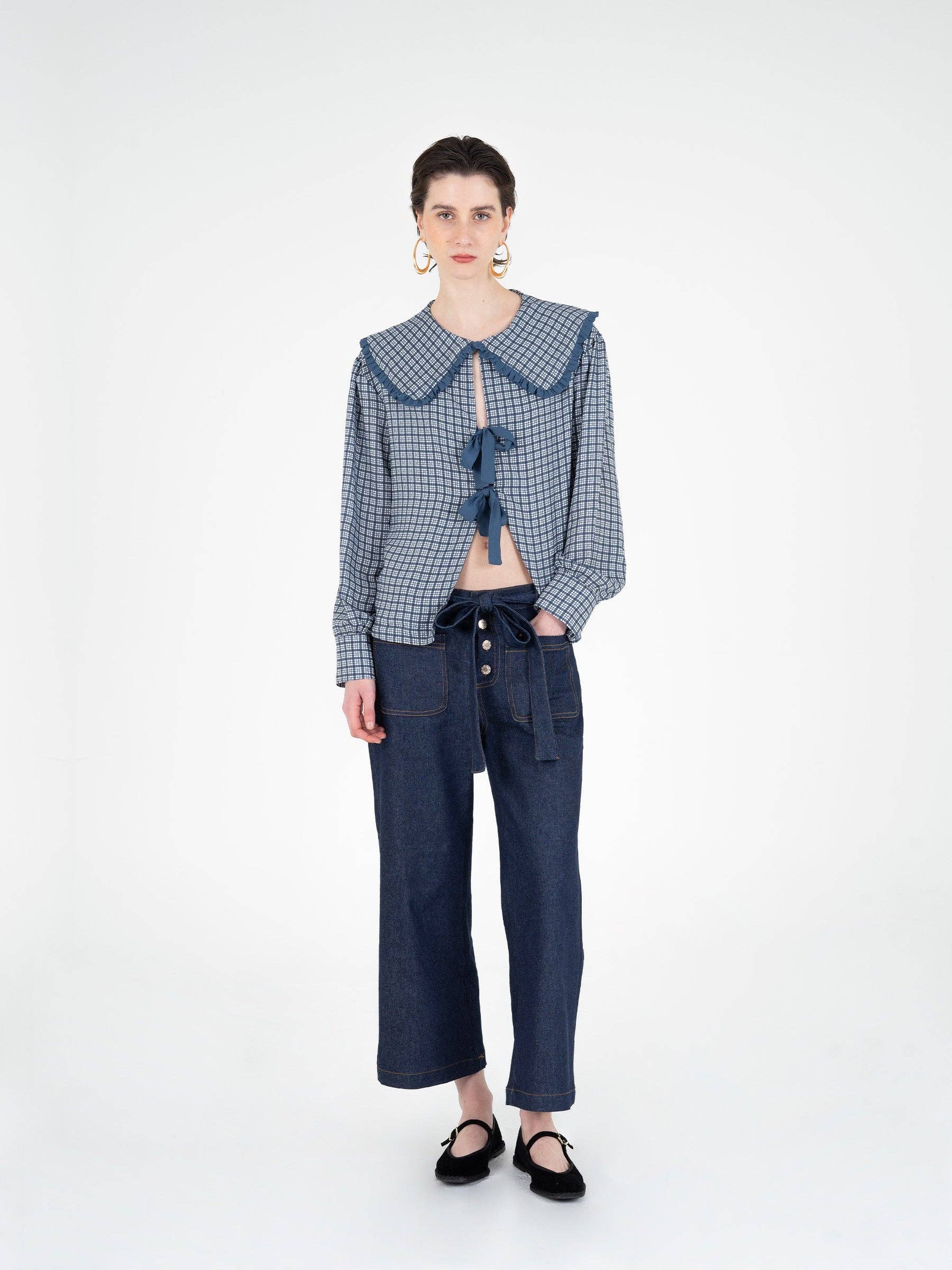 Blusa tartan romantica con maxi colletto e fiocchi