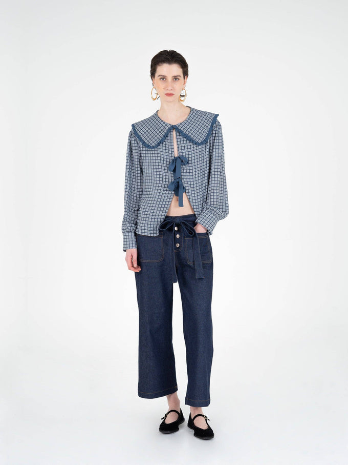 Blusa tartan romantica con maxi colletto e fiocchi