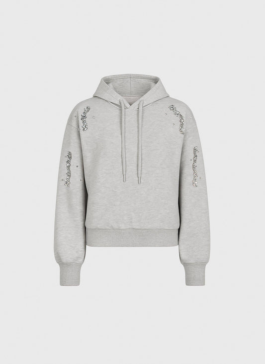 Felpa con cappuccio grigio mélange con strass
