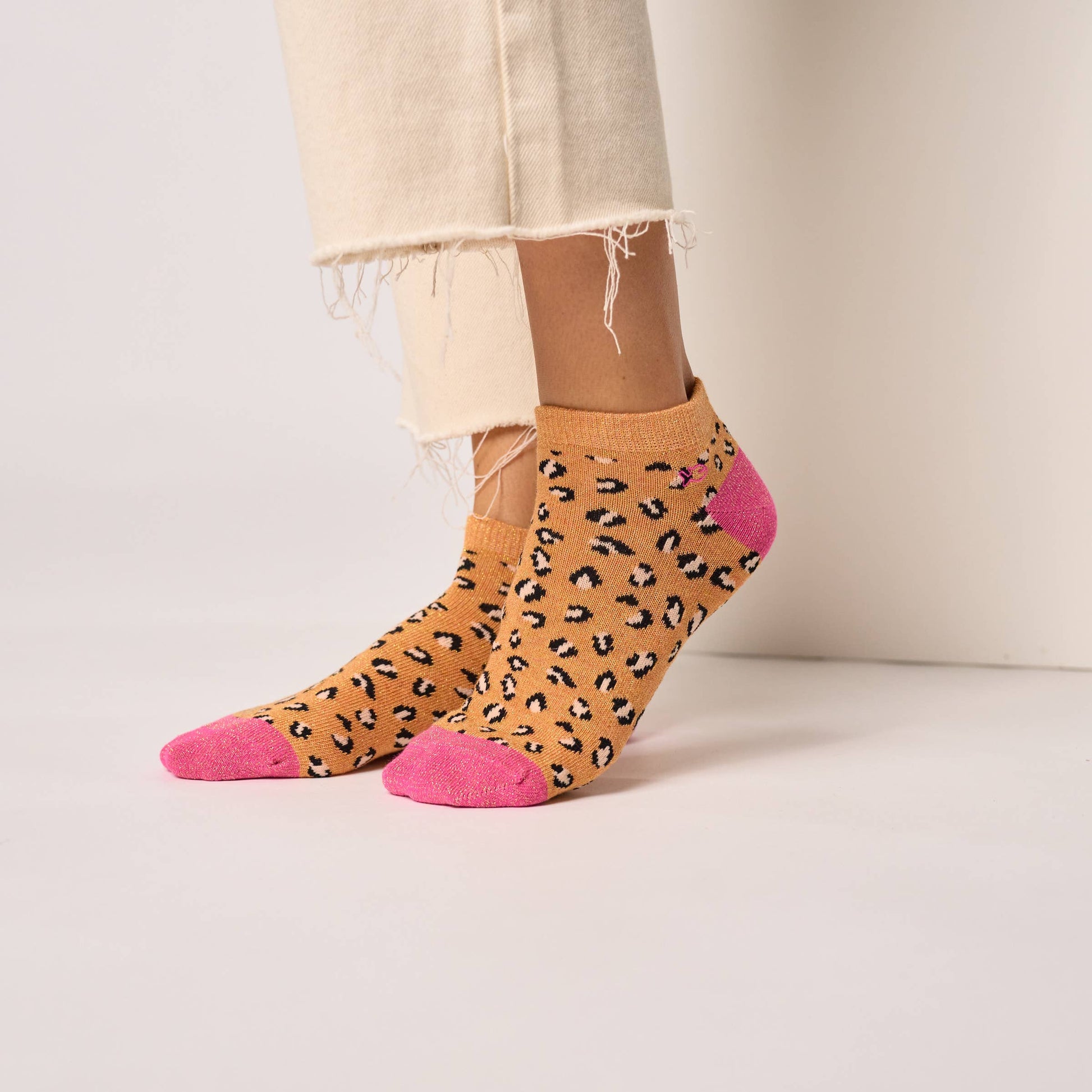 Calzini bassi glitterati leopardati in cotone pettinato arancione