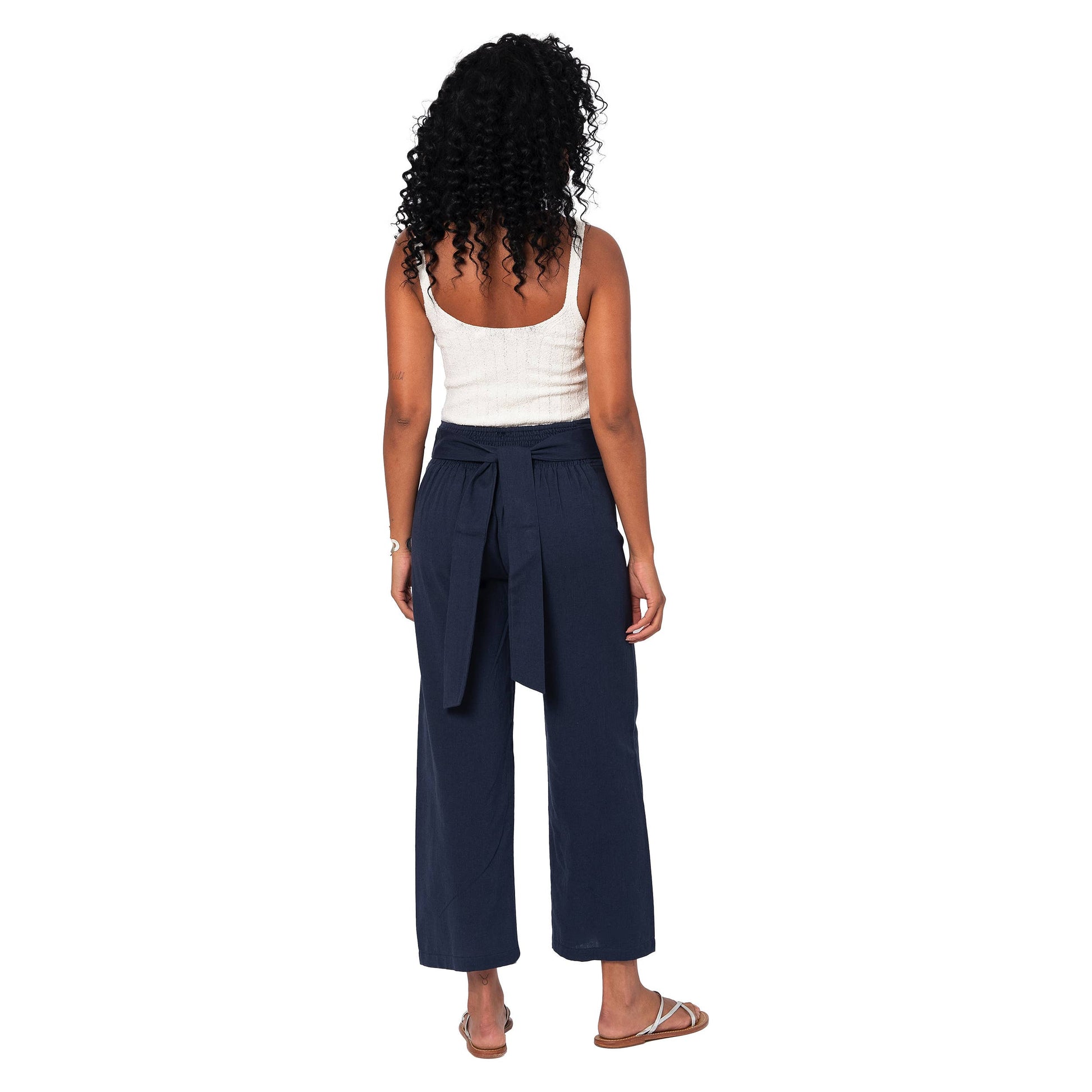 Pantaloni estivi cropped in cotone e lino blu navy