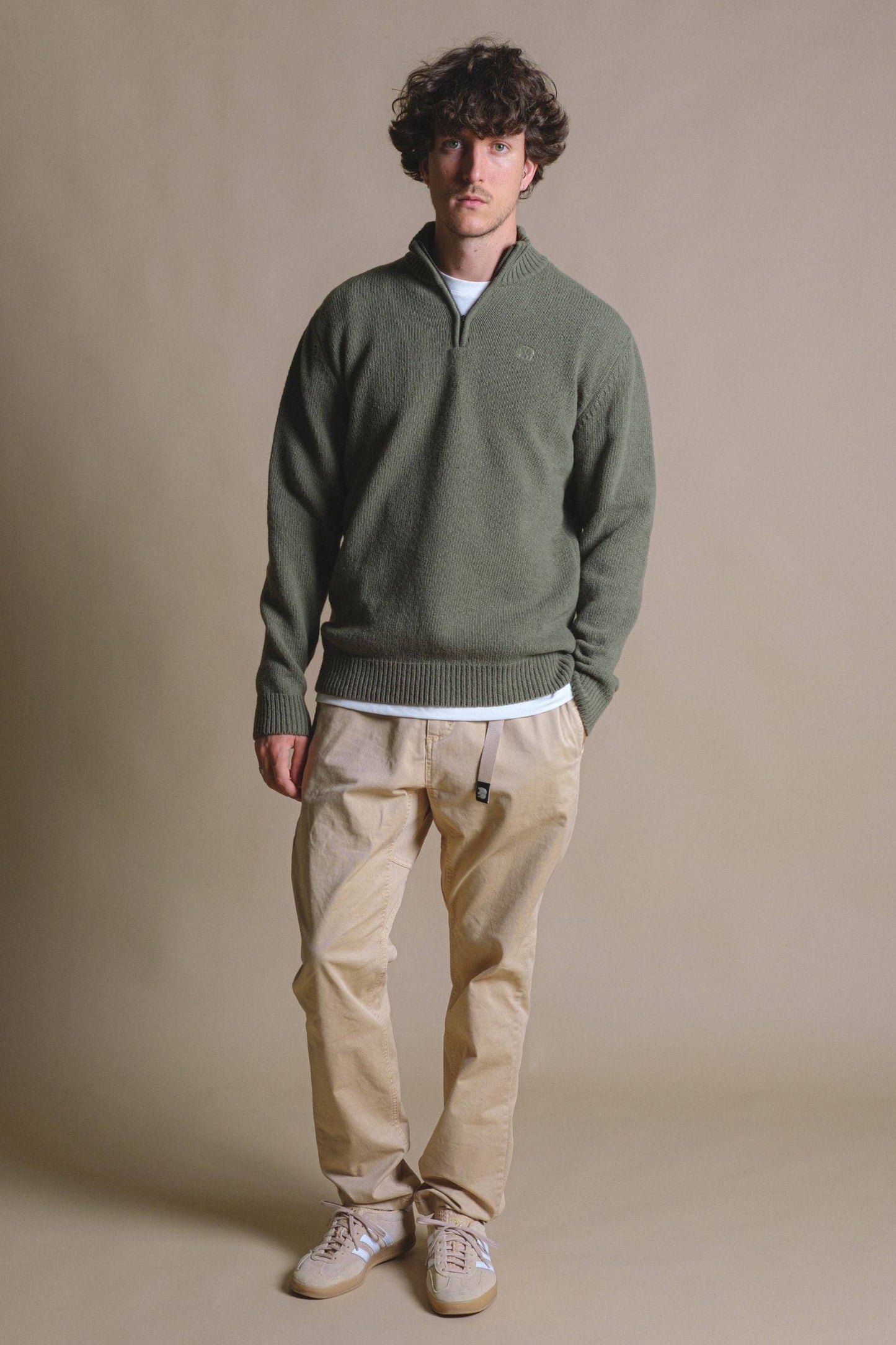 Maglia uomo in lana jacquard con zip a quarto color salvia