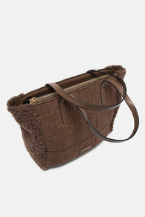 Borsa tote in velluto a coste con inserti in eco pelliccia