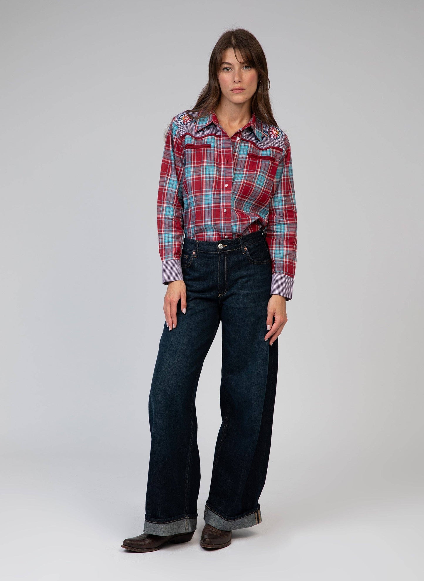 Camicia a quadri western rossa con ricami