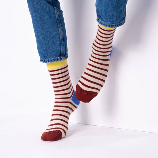 Calzini a righe in cotone pettinato beige e bordeaux