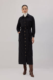Abito chemisier cargo lungo nero in cotone