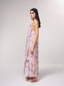 Vestito lungo fluido con scollo a V e stampa astratta
