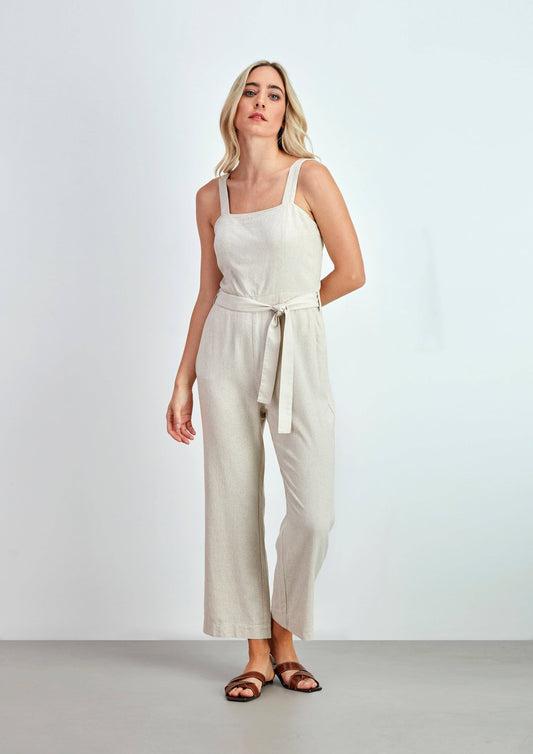 Tuta lunga senza maniche in viscosa e lino con cintura