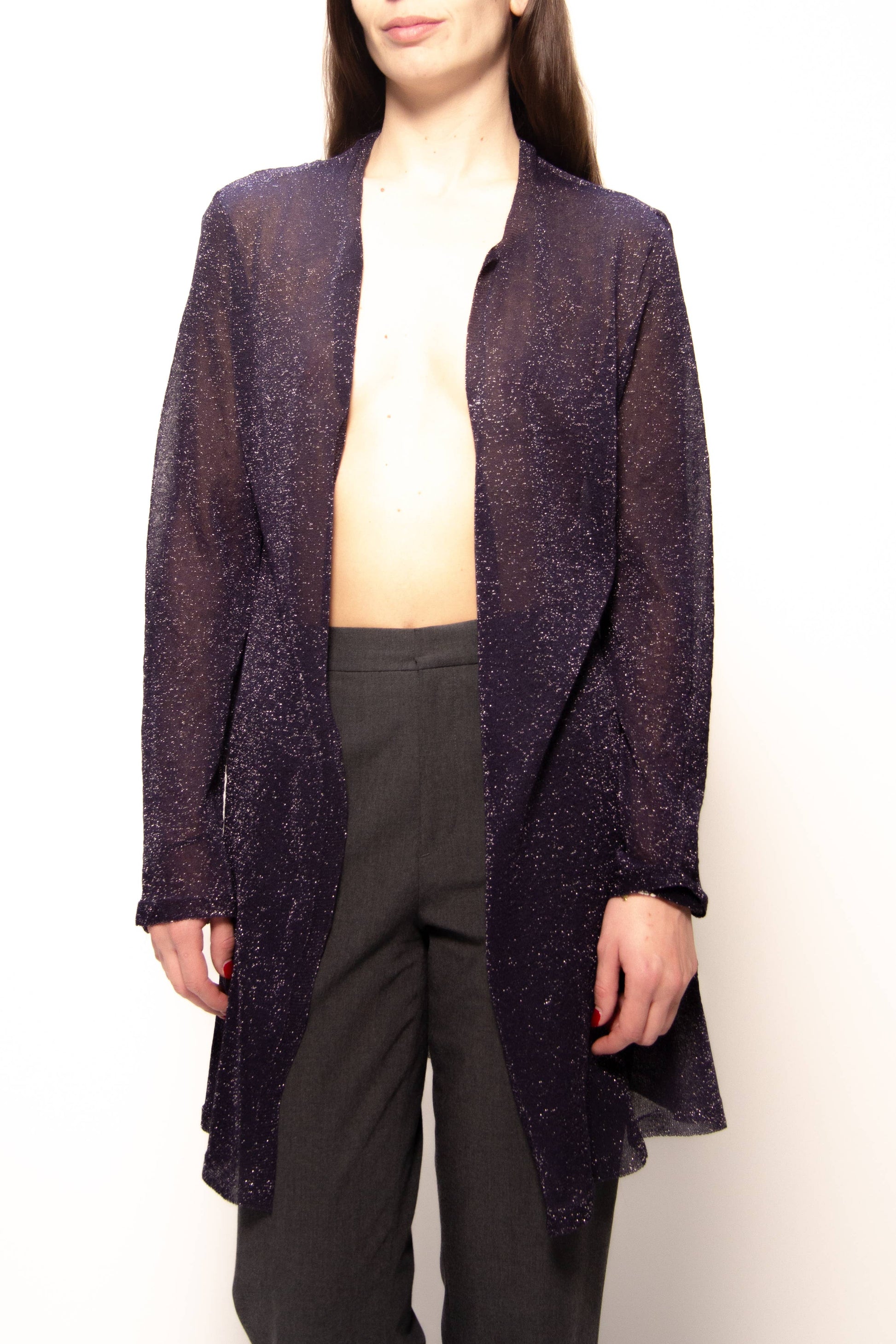 Cardigan lungo in lamé glitterato a maglia 3D