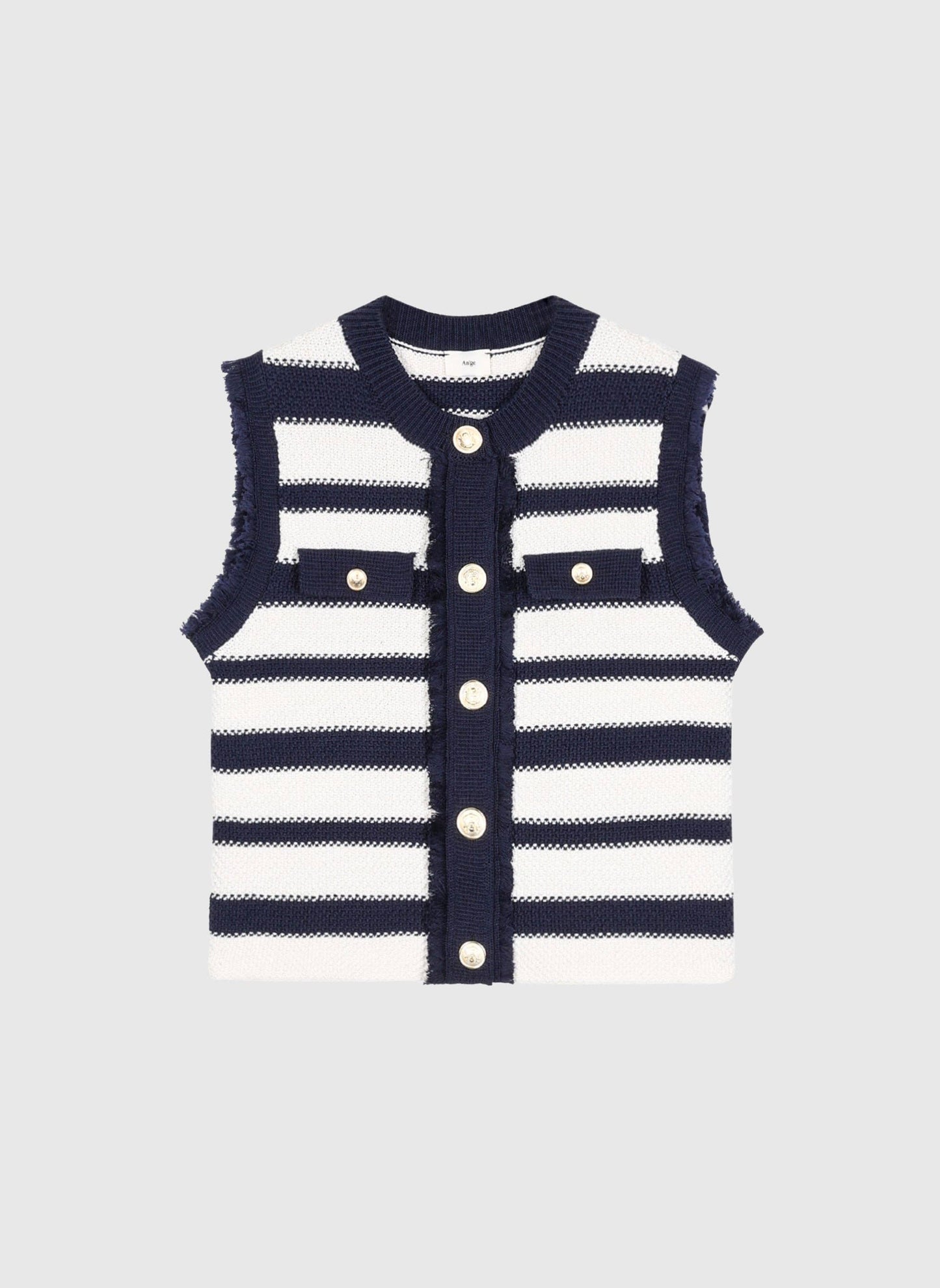 Cardigan smanicato a righe blu navy