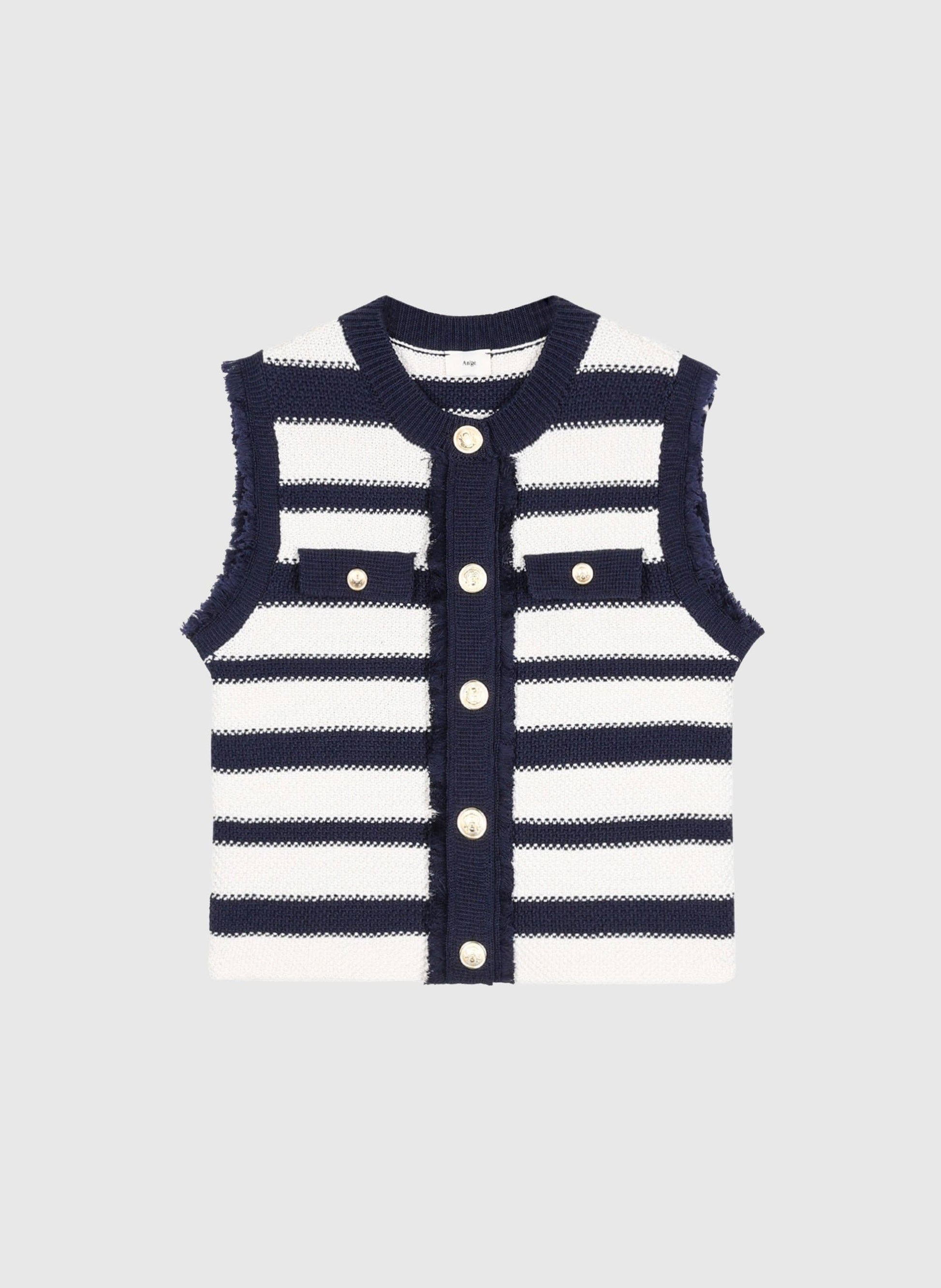 Cardigan smanicato a righe blu navy