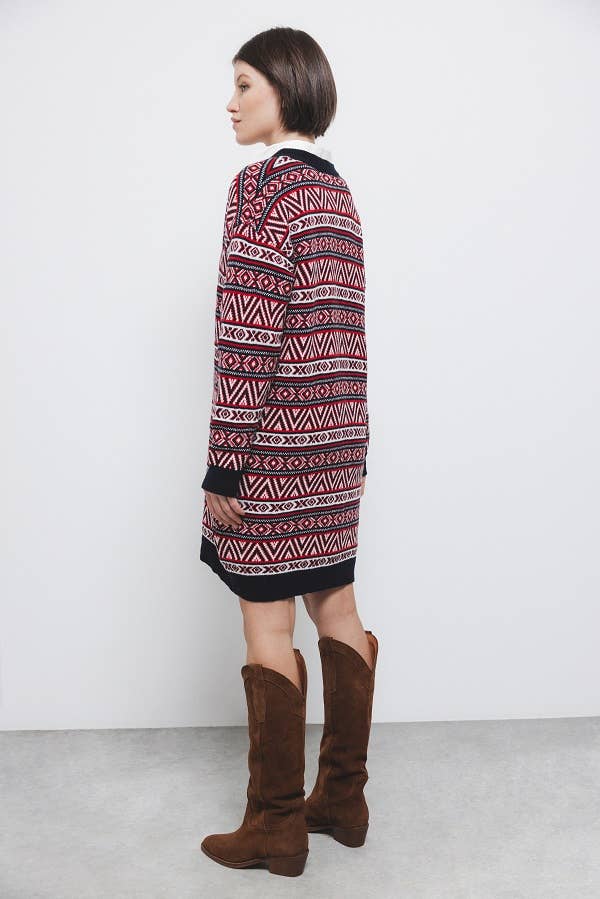 Abito in maglia jacquard con scollo a V