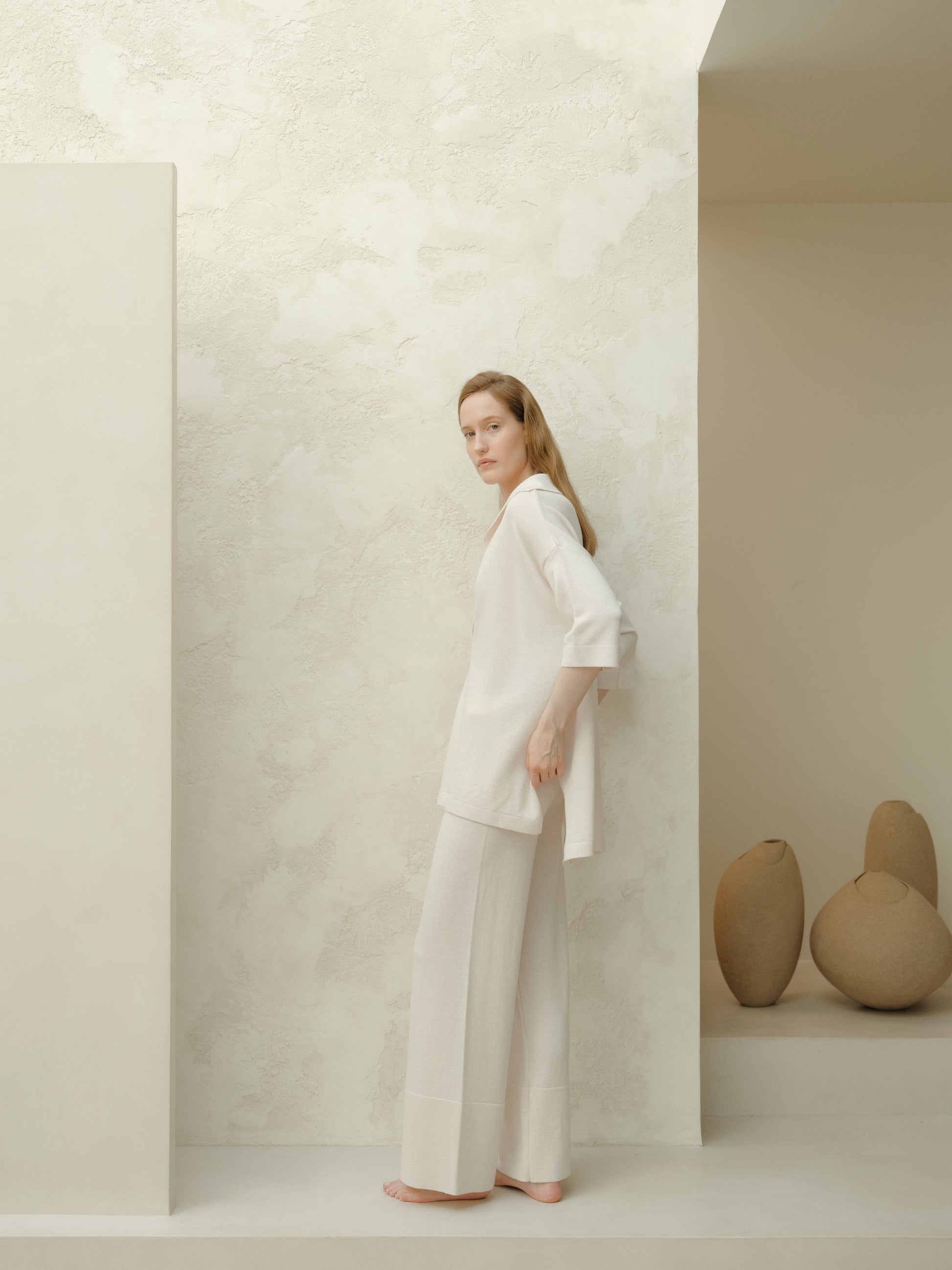 Pantaloni a gamba larga in lana merino extrafine