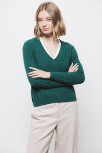Maglione in Lana a Trecce con Scollo a V