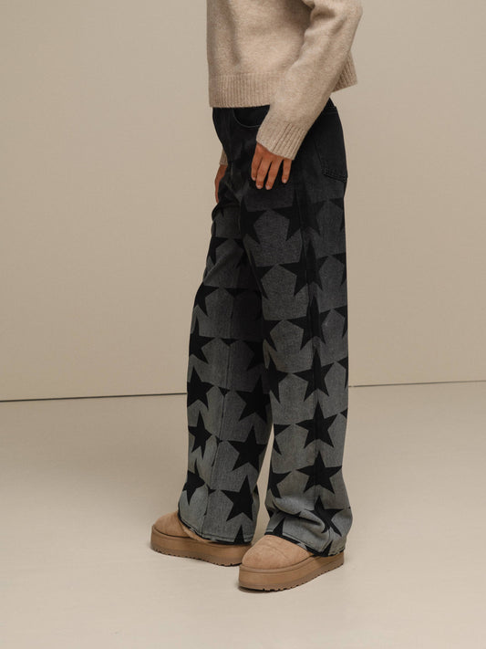 Jeans donna a gamba ampia con stampa stelle