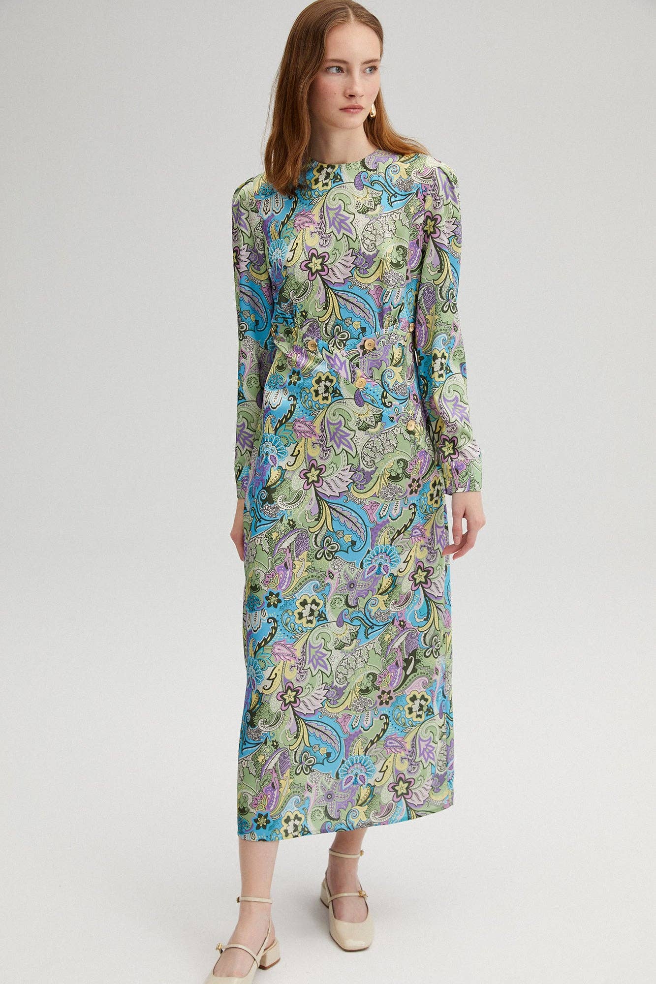 Abito midi multicolor a stampa floreale con bottoni