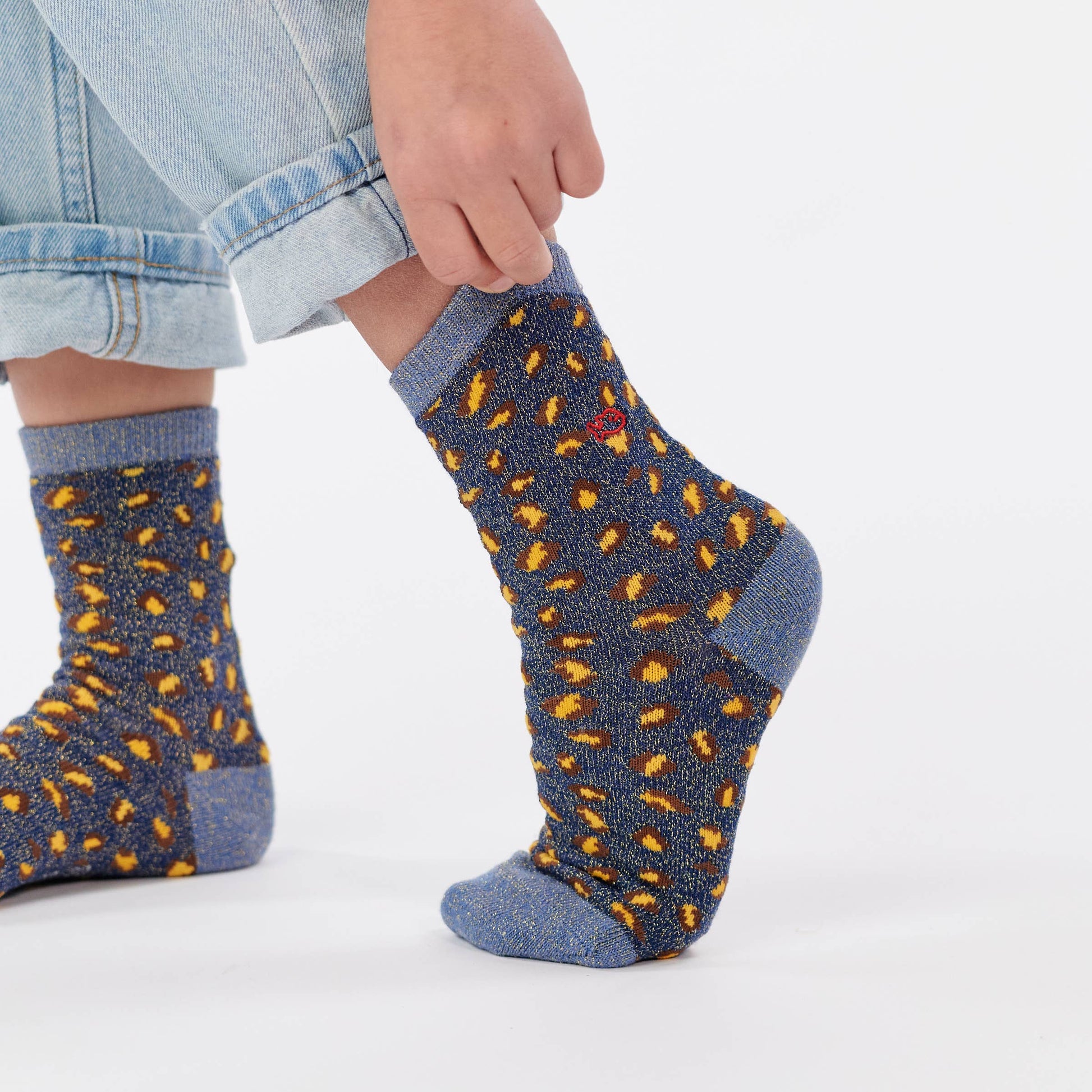 Calzini bambina leopardati glitter blu marino