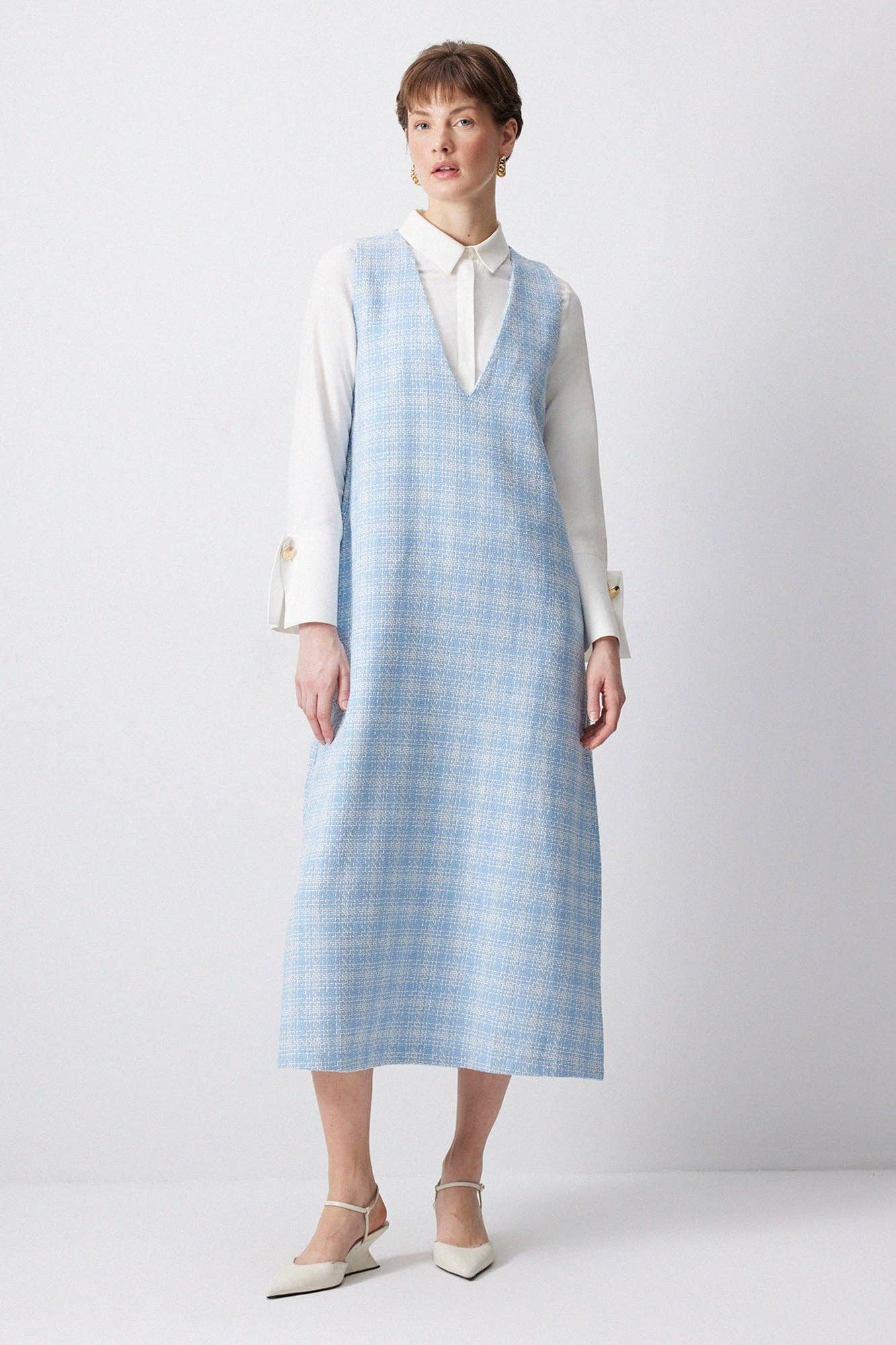 Abito midi in tweed senza maniche azzurro