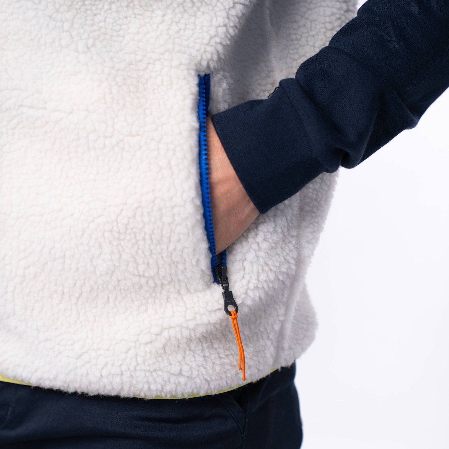 Gilet sherpa unisex avorio e blu con zip