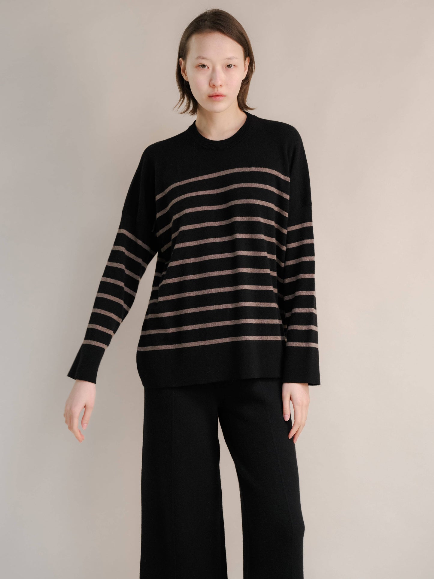 Maglione Girocollo Oversize a Righe in Misto Cashmere