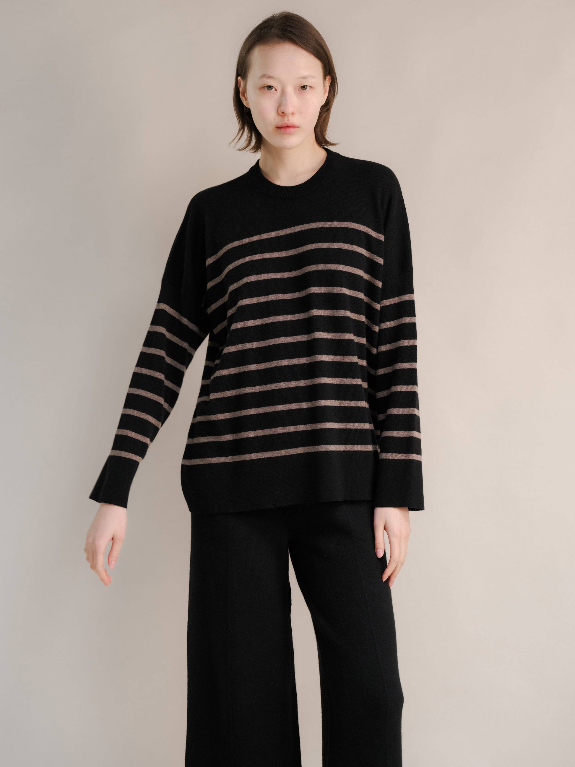 Maglione Girocollo Oversize a Righe in Misto Cashmere