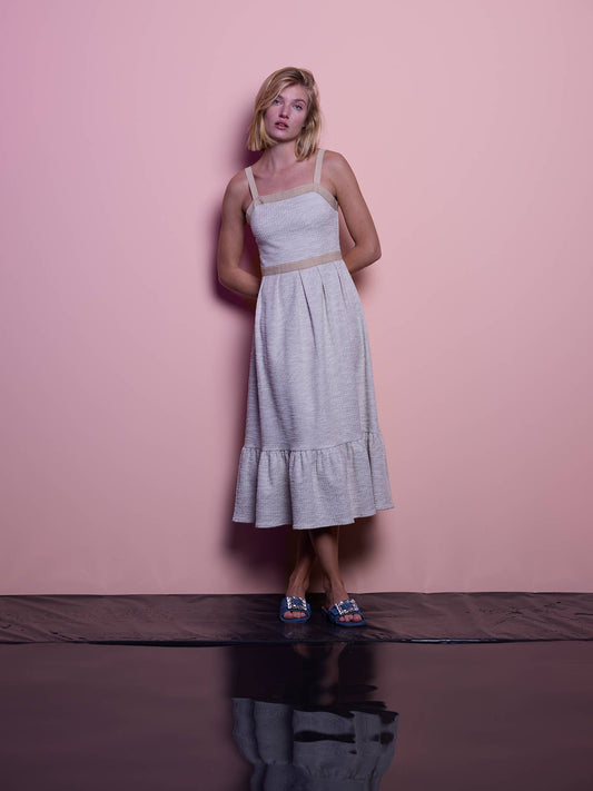 Abito midi in lurex con spalline e balza