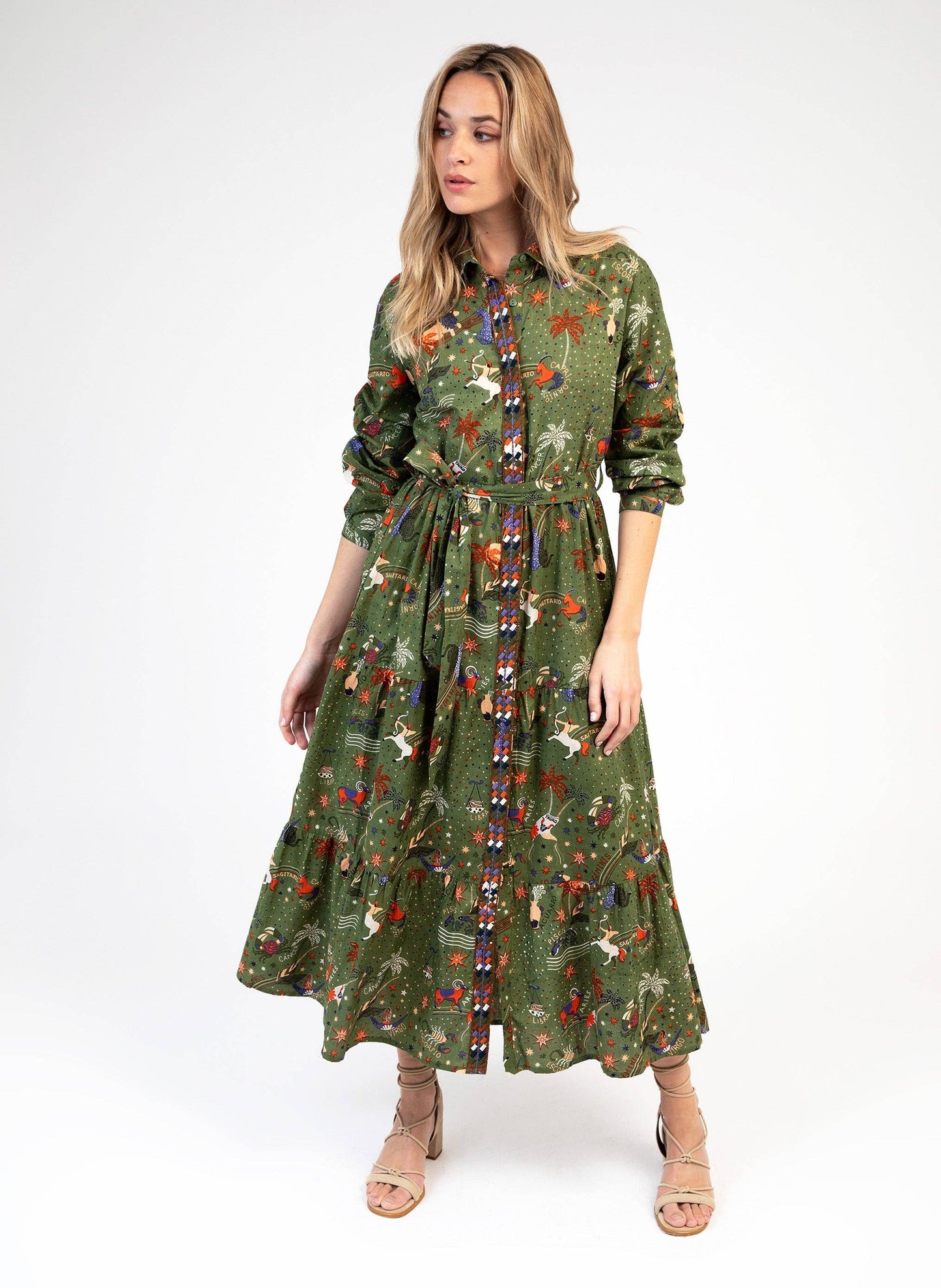 Vestito chemisier lungo in voile di cotone verde oliva