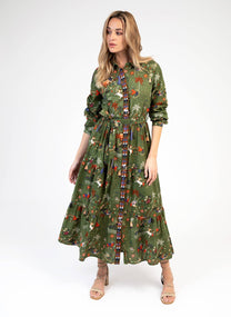 Vestito chemisier lungo in voile di cotone verde oliva