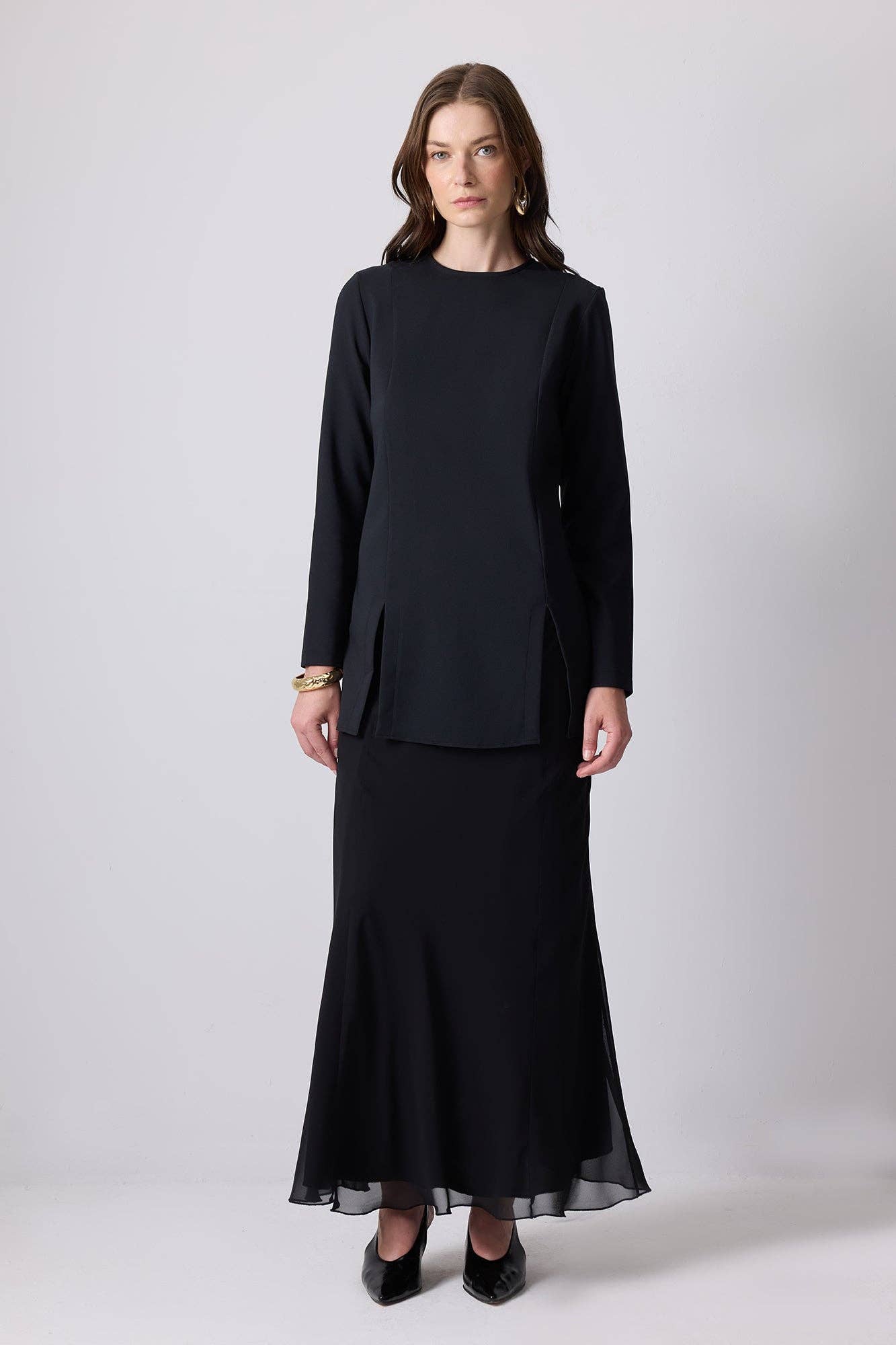 Gonna lunga in chiffon nero con orlo trasparente