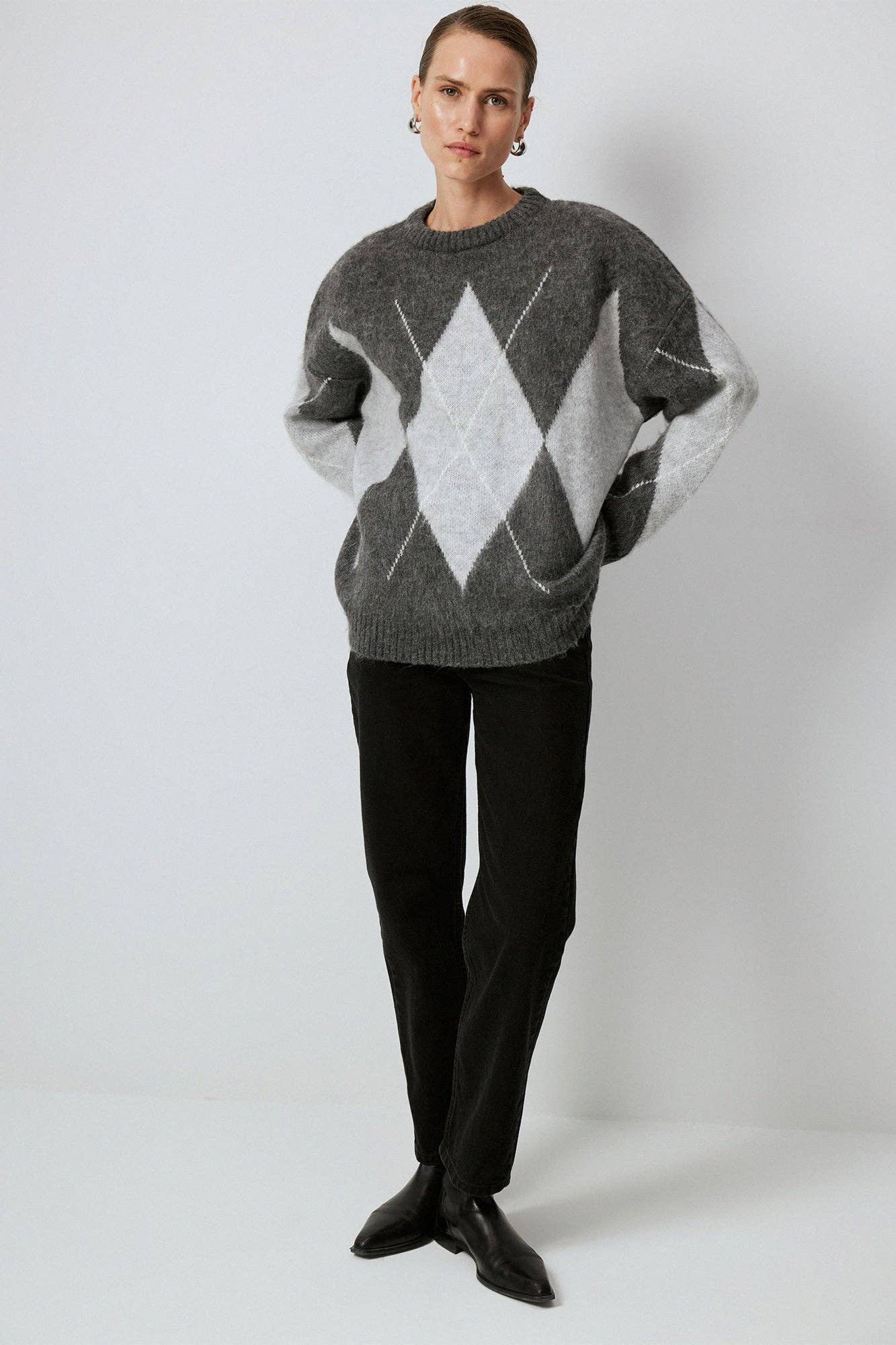 Maglione in maglia a rombi girocollo antracite