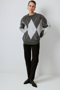 Maglione in maglia a rombi girocollo antracite