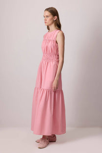 Abito lungo rosa in popeline a balze con smock