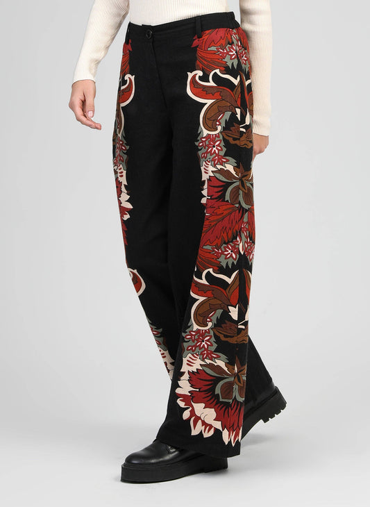 Pantaloni a palazzo a vita alta con stampa romantica