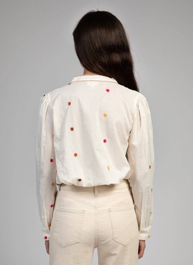 Camicia ecru ricamata a pois multicolor