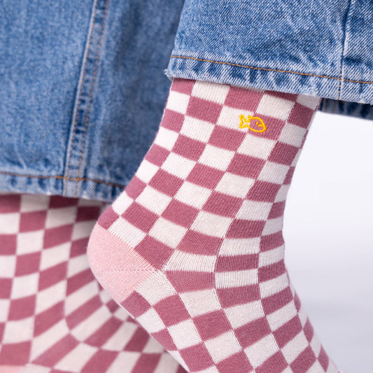 Calzini a quadri in cotone pettinato rosa pallido ed écru