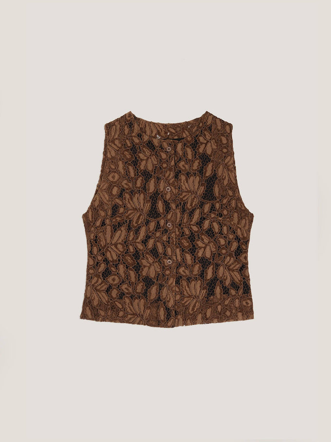 Top crop in pizzo marrone con dettagli effetto velluto
