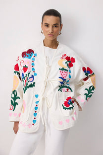 Giacca kimono in gabardine con ricami folk
