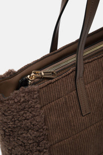 Borsa tote in velluto a coste con inserti in eco pelliccia