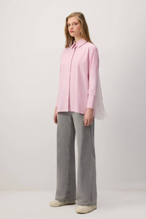 Camicia Oversize a Righe con Dettagli in Chiffon