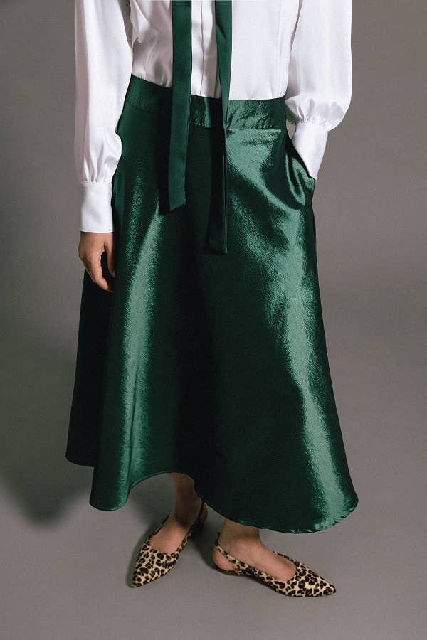 Gonna midi effetto satin verde