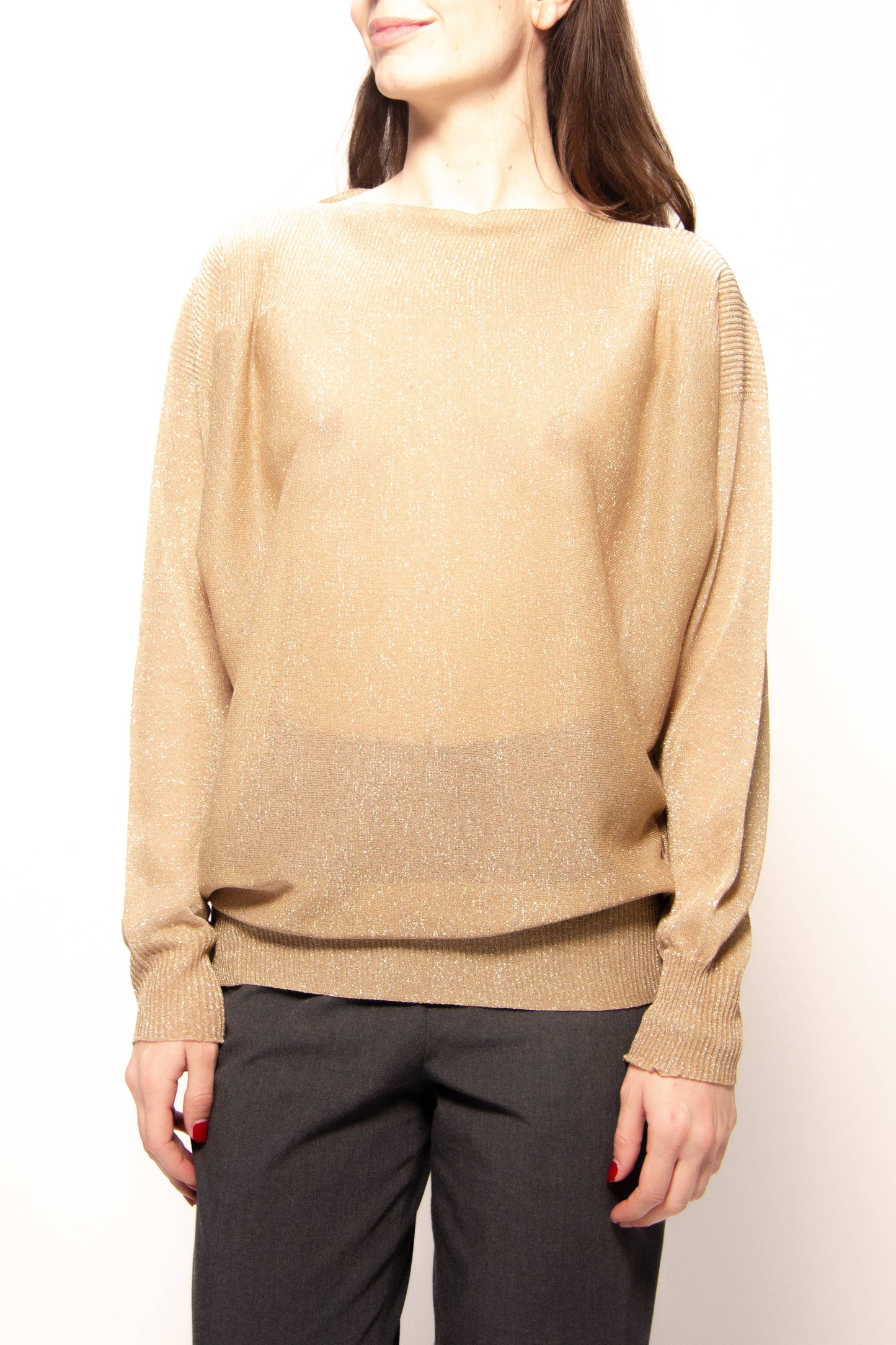 Maxi pullover glitterato con scollo a barca in maglia 3D