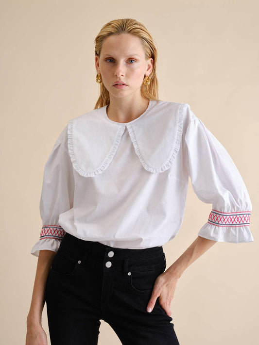 Camicetta oversize in lino e rayon con maxi colletto