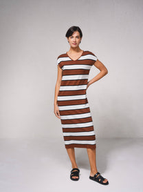 Abito midi in maglia a righe con scollo a V
