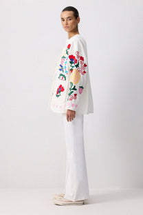 Giacca kimono in gabardine con ricami folk